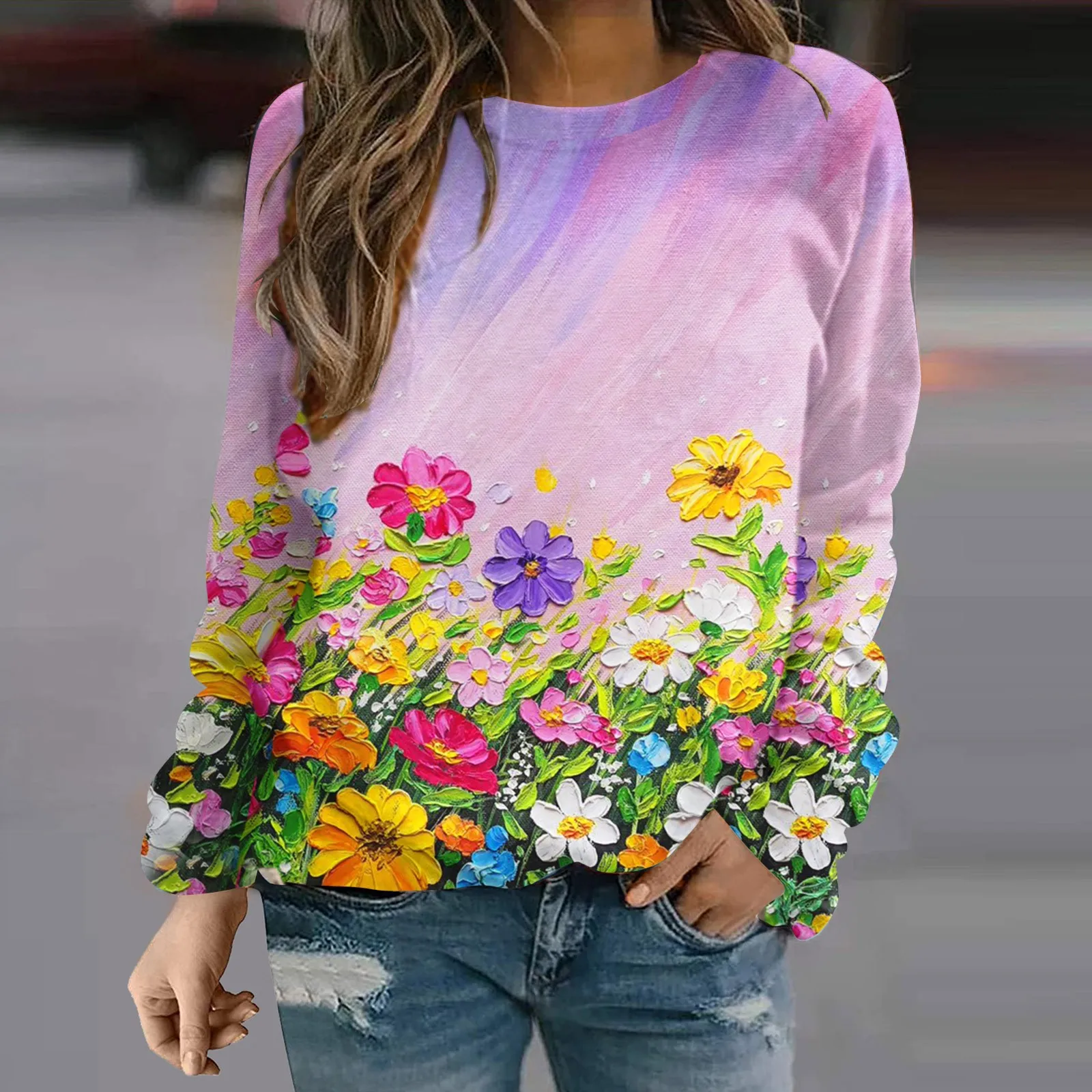 

Floral Pullovers Women Loose Sweatshirt Round Neck Fit Pullover Tops Casual Long Sleeve Shirt Lady Streetwear Polerones De Mujer