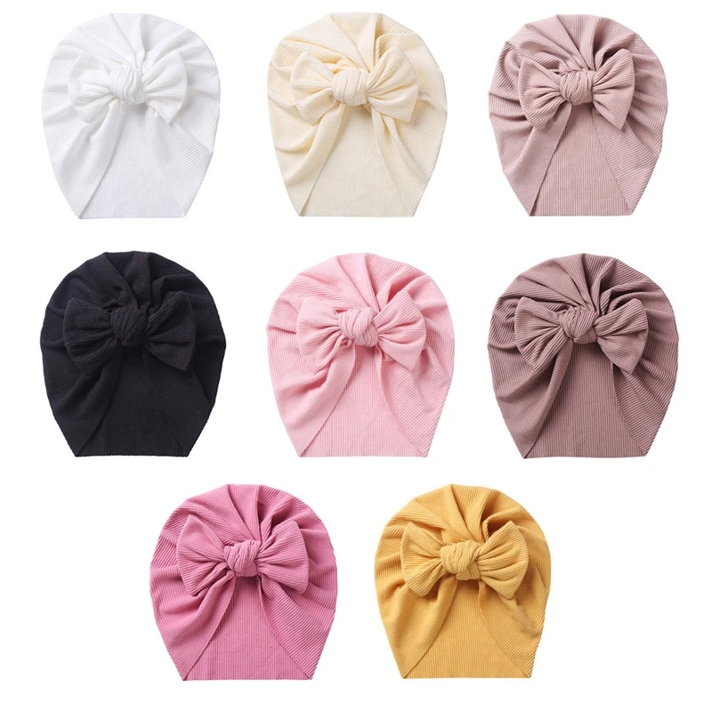 

Q81A Baby Girl Turban Bow Hats Breathable Hat Headdress w/ Pure Color Comfort Beanie Skin Friendly Hand Wash Newborn Head