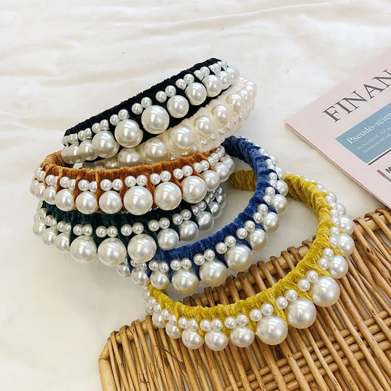 

Fashion Design Hairband Women Hand-wound Pleated Headband Velvet Turban Pearls Headwear Top Quality Hair Accessories