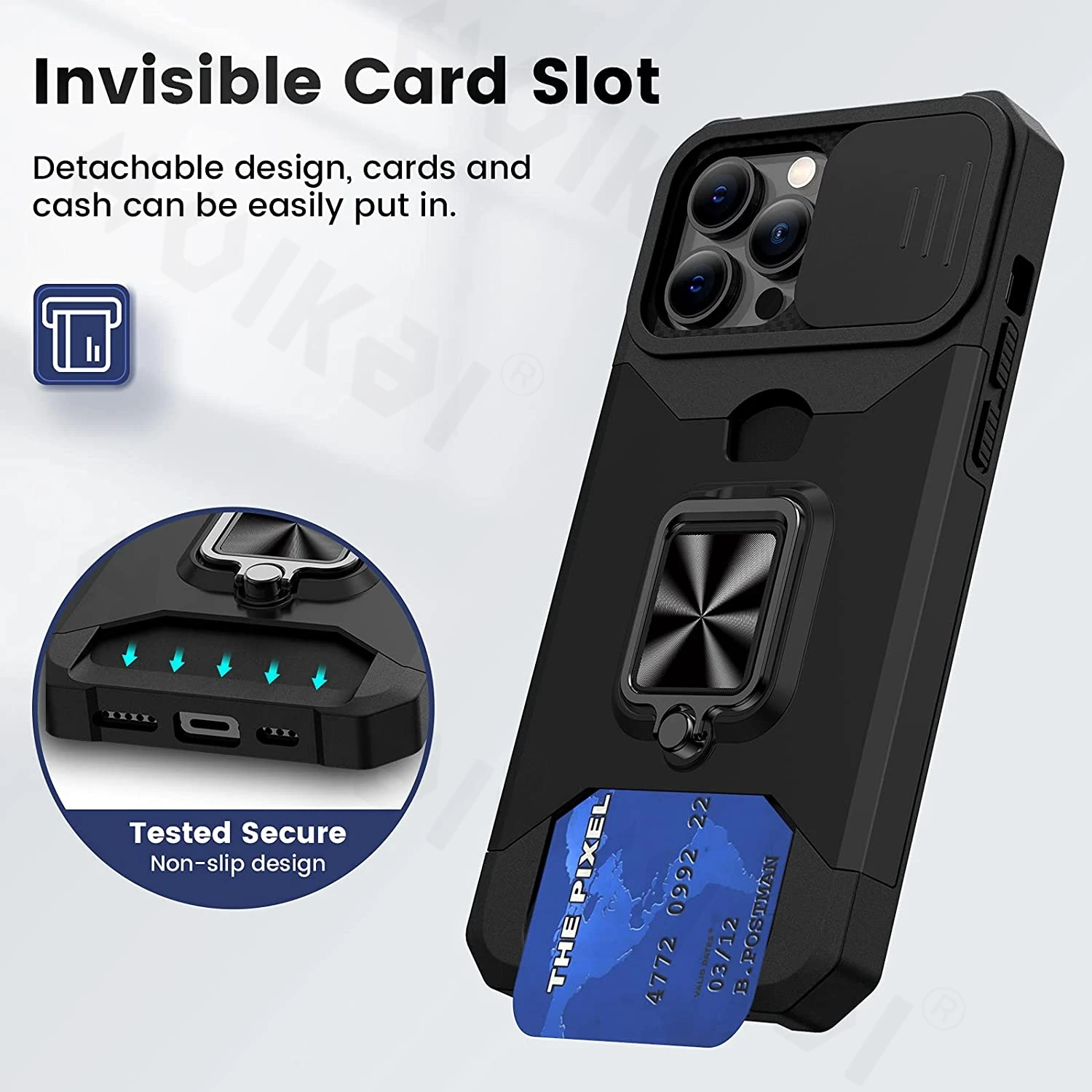 Sliding Camera Cover Card Holder Slot Case For iPhone 13 14 12 Pro Max 11 X XS  Shockproof Heavy Duty Case Military Grade Cover