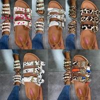 summer style belt buckle flip flop ladies floral flat peep toe leather stitching pattern casual outer wear buckle slipper women
