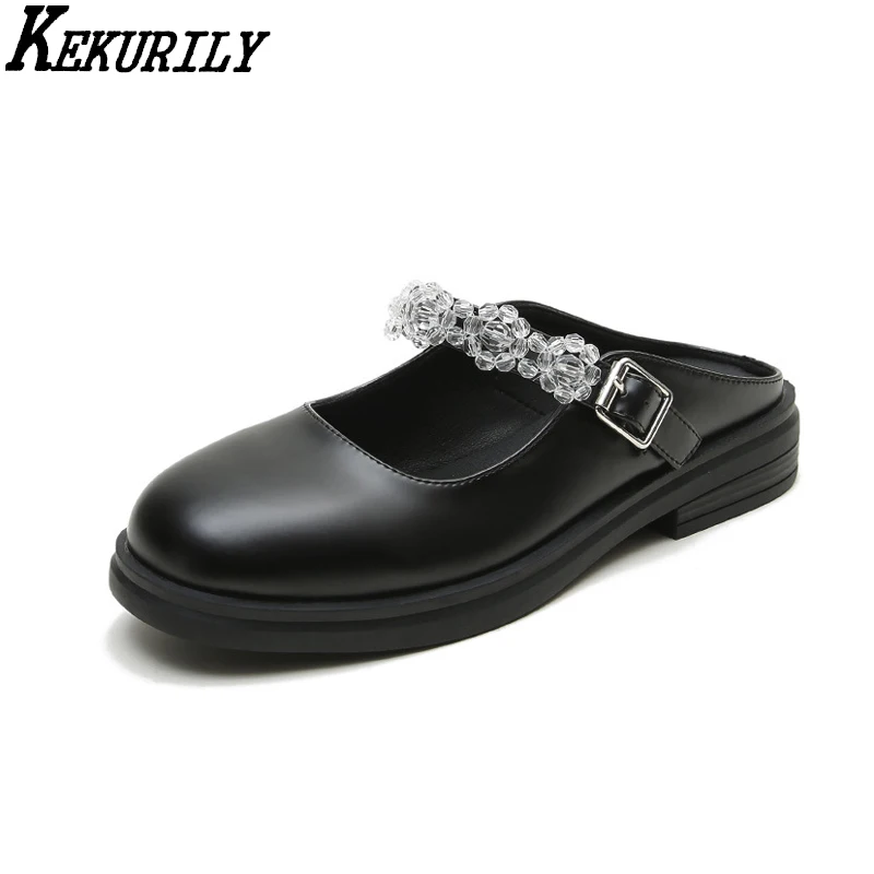 

Platform Mules Women Leather chunky heels Slippers buckle Round Toe Pump Slip on Heighten Shoes big size Sandals black apricot