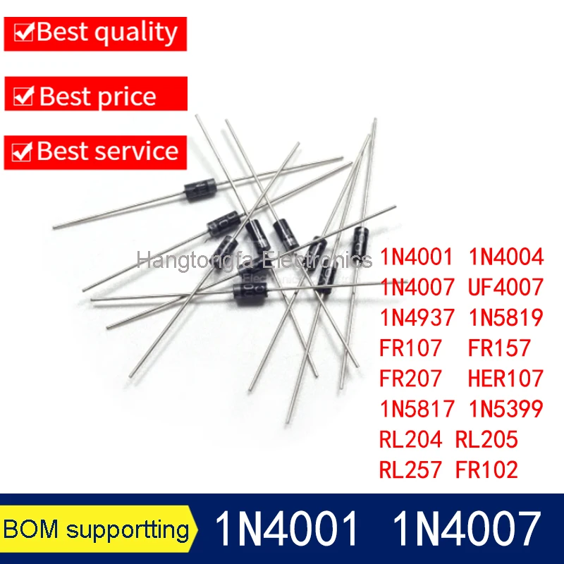 100 шт. 1N4007 1N5819 1N4001 UF4007 FR107 FR157 FR207 1N4004 1N4937 HER107 RL207 1N5817 1N5399 DO-41 RL204 RL205 RL257 FR102