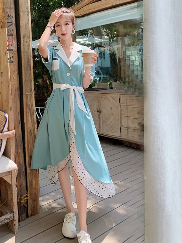 

LANMREM Women Long Folds Dress Short Sleeve Notched Sashes Slim Fit Loose 2022 Summer Fashion Female Vocation Clothing 2I462