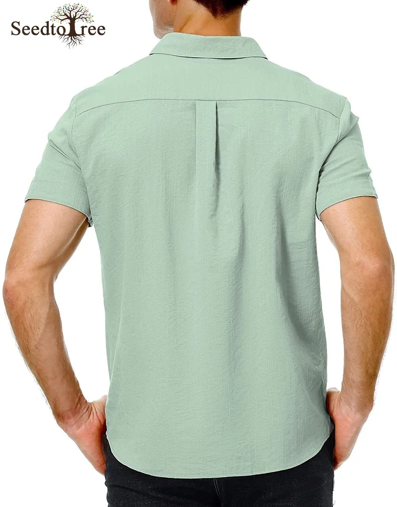 Summer Men's Shirts Casual Short Sleeve Turndown Collar Single Breasted Linen Solid Color Shirt