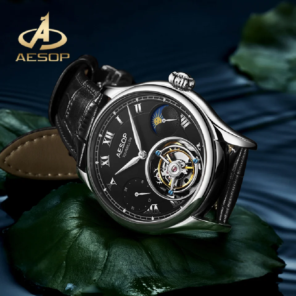 

AESOP Waterproof Watch 100%Real Tourbillon Mechanical Mens Watches Moon Phase Multifunction Men Wristwatch Genuine Leather Starp