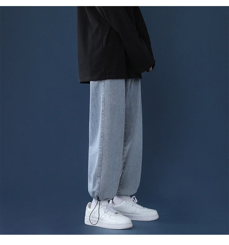 Drawstring Jeans Men's Korean Style Trendy Loose Casual Denim Trousers Fashion Streetwear Male High-quality Brand Pants