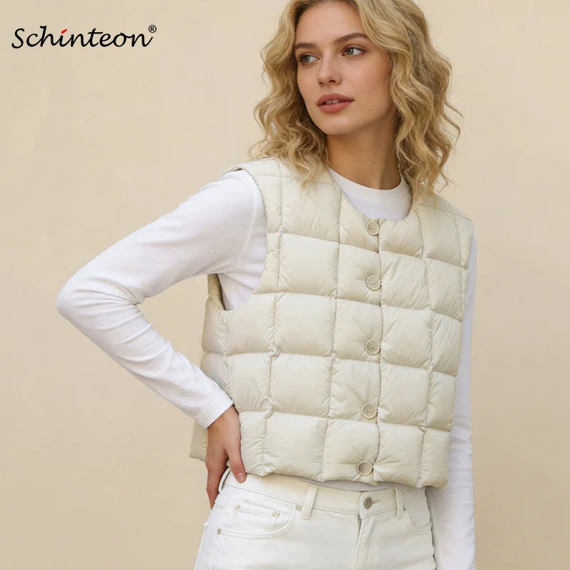 Фото Женский жилет Schinteon с 90% белым утиным пухом, повседневная куртка без рукавов, с круглым воротником, в клетку, простой, модный, осенне-зимний топ, новинка №1