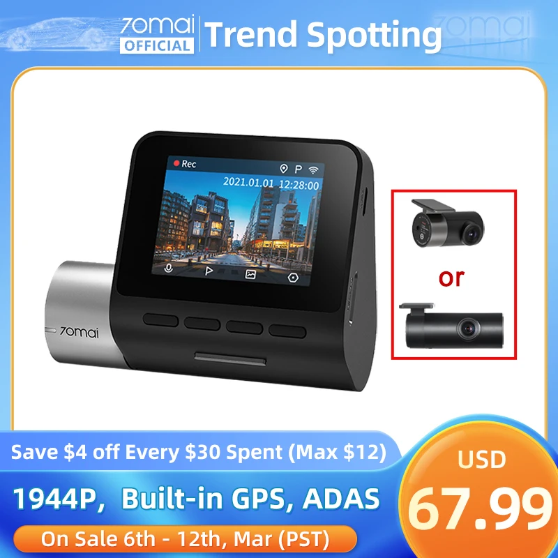  Видеорегистратор 70mai Dash Cam Pro Plus A500S 1944P ADAS GPS, автомобильный видеорегистратор 70mai A500S с поддержкой 24-часовой парковки, задняя внутренняя камера, 140FOV Регистратор