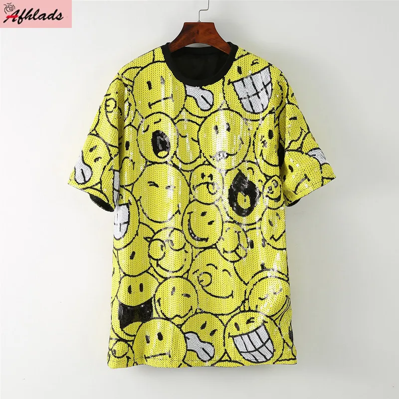 

Runway Summer High Quality Female Print Short Sleeve Sequin Streetwear Loose Fashion T-Shirt Hip Hop Night Club Women's Tops