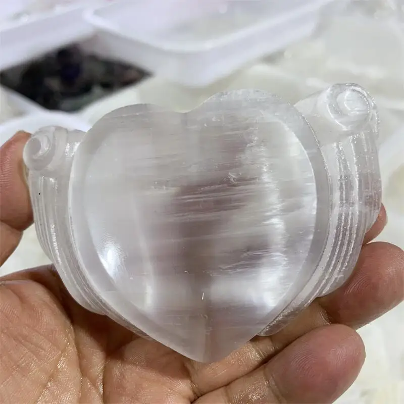 

Carved White Selenite Sculpture Heart Shaped Bowl Gypsum Stone Container Quartz Crystal Power Healing Gifts