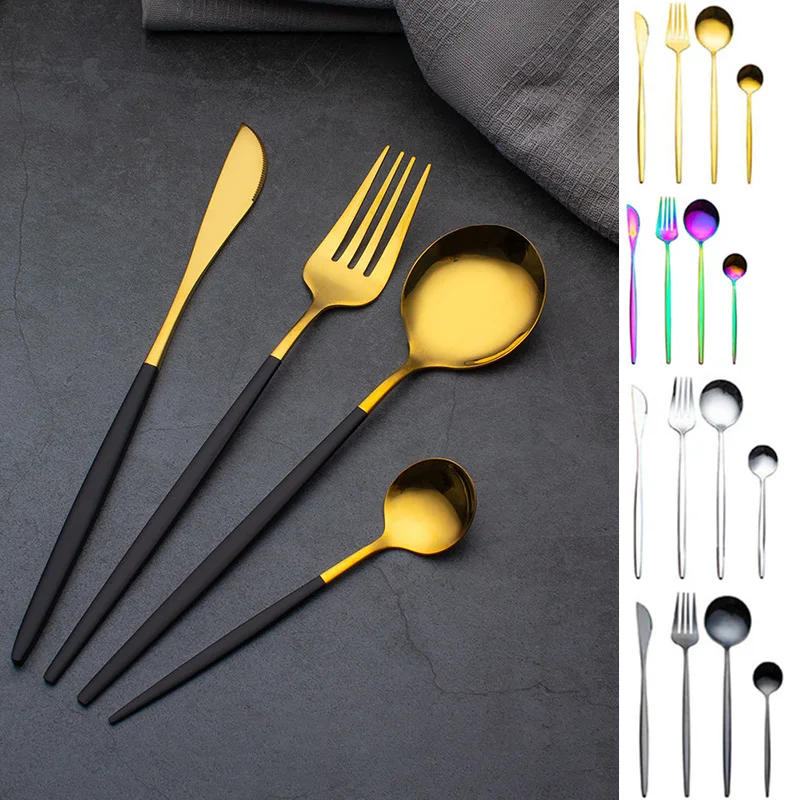 4pcs Dinnerware Sets 304 Stainless Steel Cutlery Set Bright Gold-plated Tableware Western Steak Knife Fork tea Spoon home dinner