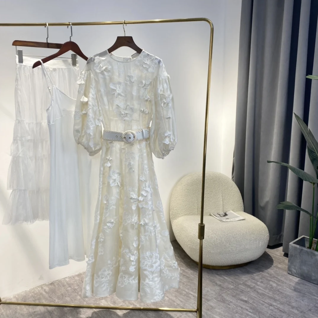 

Женское платье из шелка и льна, белое платье с цветочной аппликацией и рукавами-фонариками, весна 2022