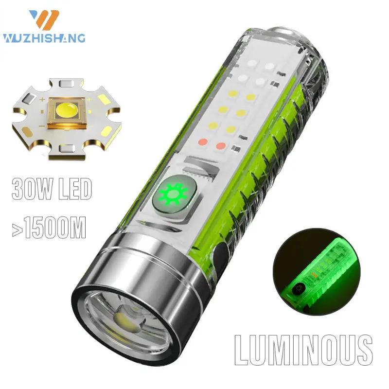 Super Bright LED Flashlight with White/red/blue/purple Side Light and Strong Magnets 30W LED Wick Lighting for 1500 Meters