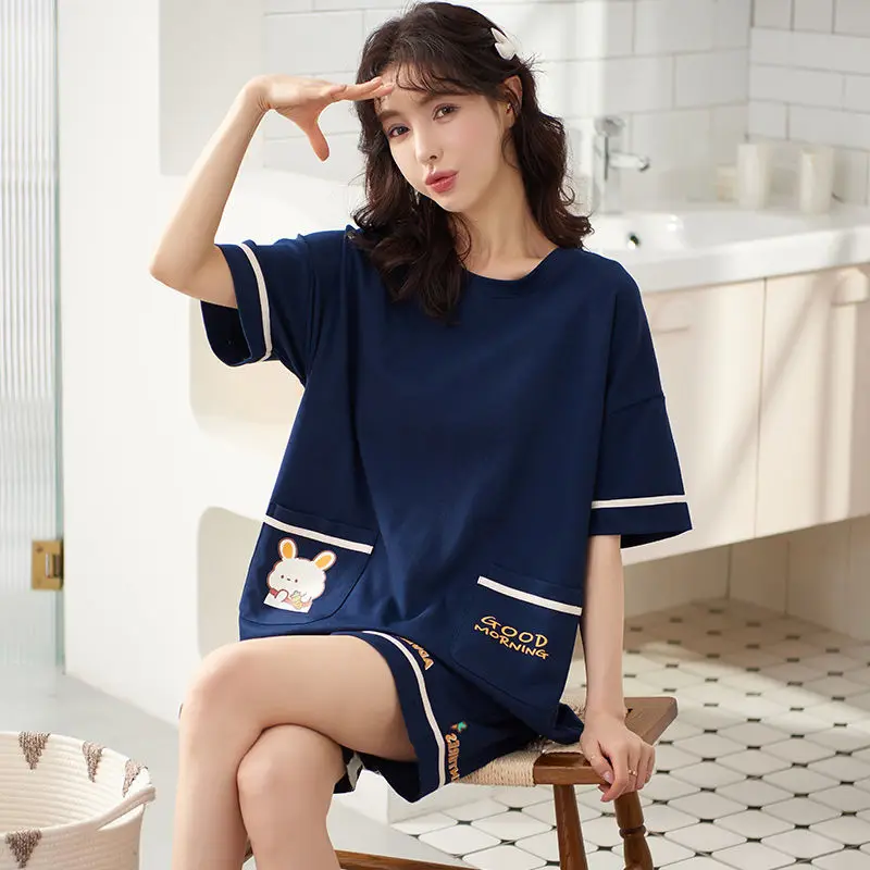 Fashion Yellow Bear Cartoon Sleepwear for Girls Summer Cotton Teens Loungewear Strip Pajamas Set for Women Kawaii Home Clothes