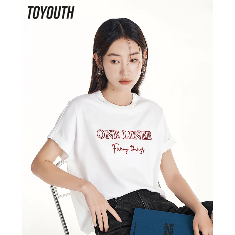 

Toyouth Women T-shirt 2023 Summer Short Sleeve Round Neck Loose Tees Letter Embroidery Pure Cotton Comfort Gray White Tops
