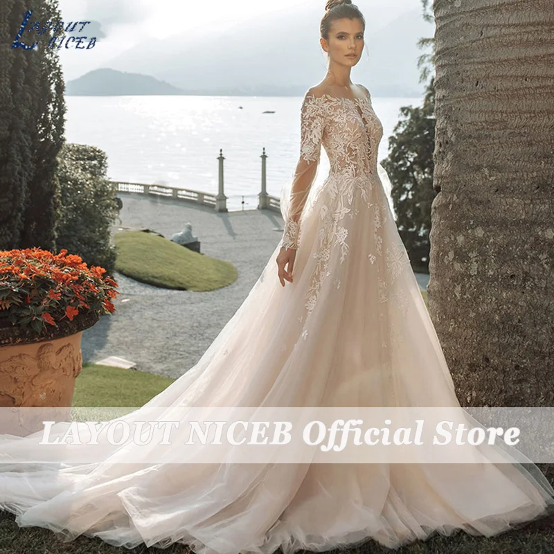 

LAYOUT NICEB Beach Wedding Dresses Long Sleeve O-Neck Luxury Lace Appliques Gown Bride Tulle Sweep Train Illusion Robe De Mariée