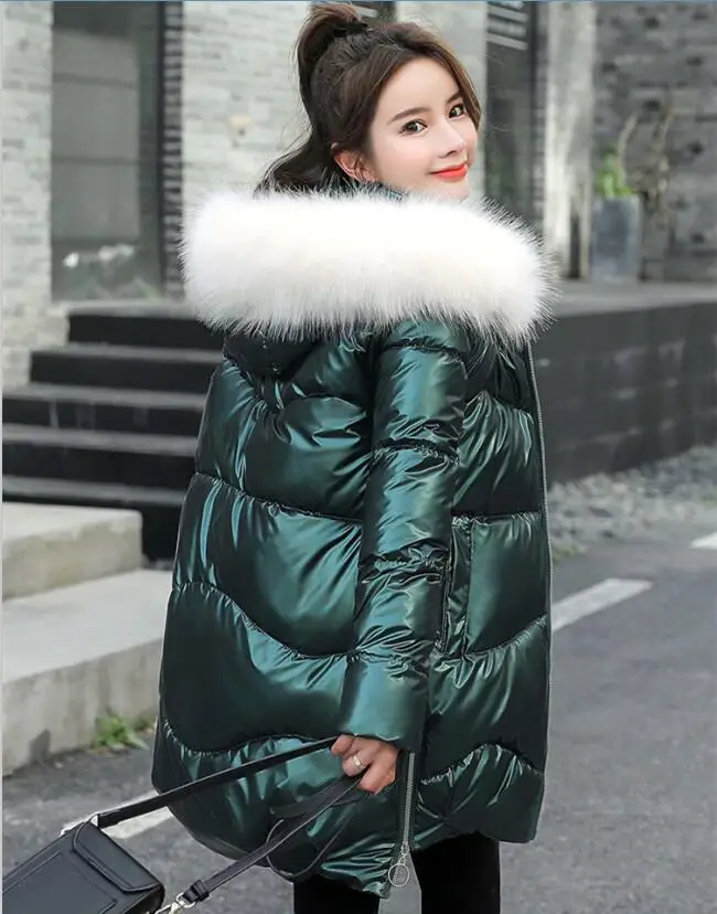 New 2023 Winter Women's Parka Fur Collar Hooded Coat Female Jacket Long Casual Thick Warm Ladies Parkas Snow Wear Silver