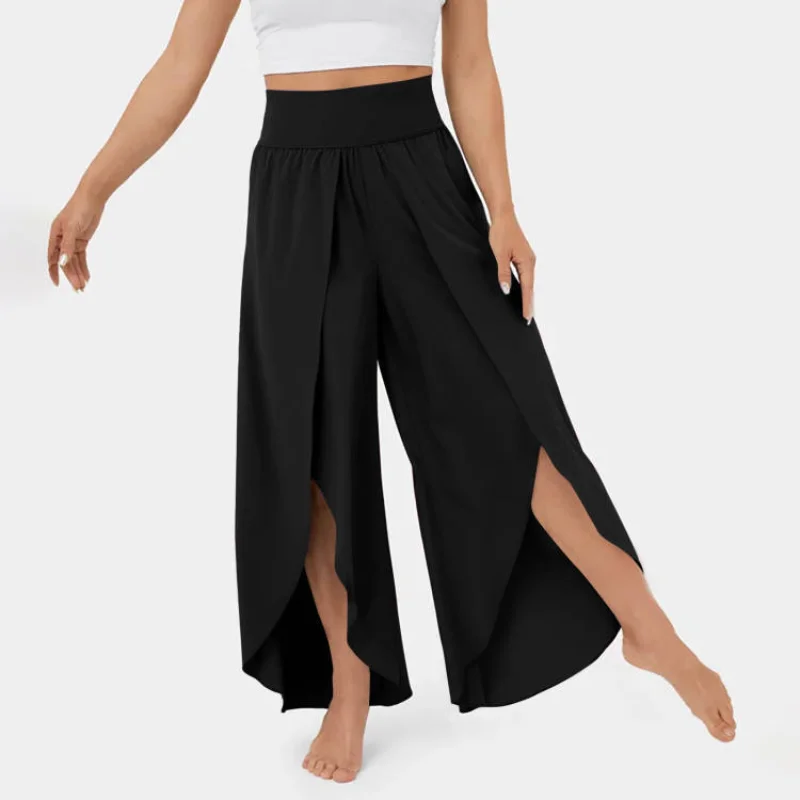 

Korean Fashion Women Pants High Waist Wide Elastic Waistband Yoga Pants Solid Thin Ninth-Length Women Summer Split Pants Female