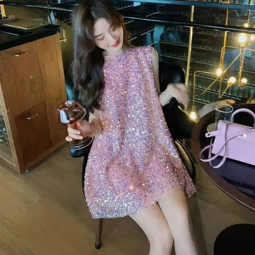 

Summer New Heavy Industry Sparkling Sequin Vest Dress Women