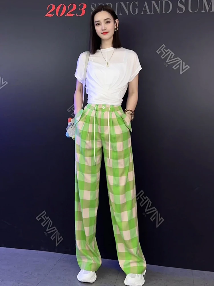 

Casual Streetwear Short Sleeved 2 Piece Sets Women 2023 Summer Irregular White Thin Tops+Plaid Wide-Leg Trousers Fashion Suit