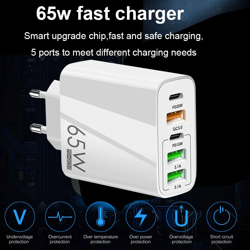 

4A Fast Charging MMobile Phone Charger PD 65W+3USB Multi-port Charger Intelligent Protection 100-240V Input 2023 Universal