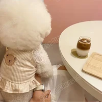 spring summer korean style cute bear beige color plaid pattern pet dress for small sized dogs cats bichon poodle maltese