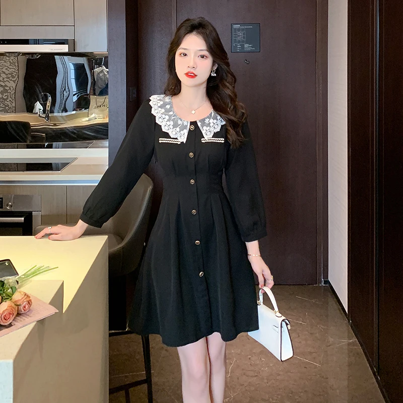 

COIGARSAM Elegant Dresses For Women Autumn 2022 New Office Lady Patchwork Long Sleeve Peter Pan Collar High Waist Black Dress