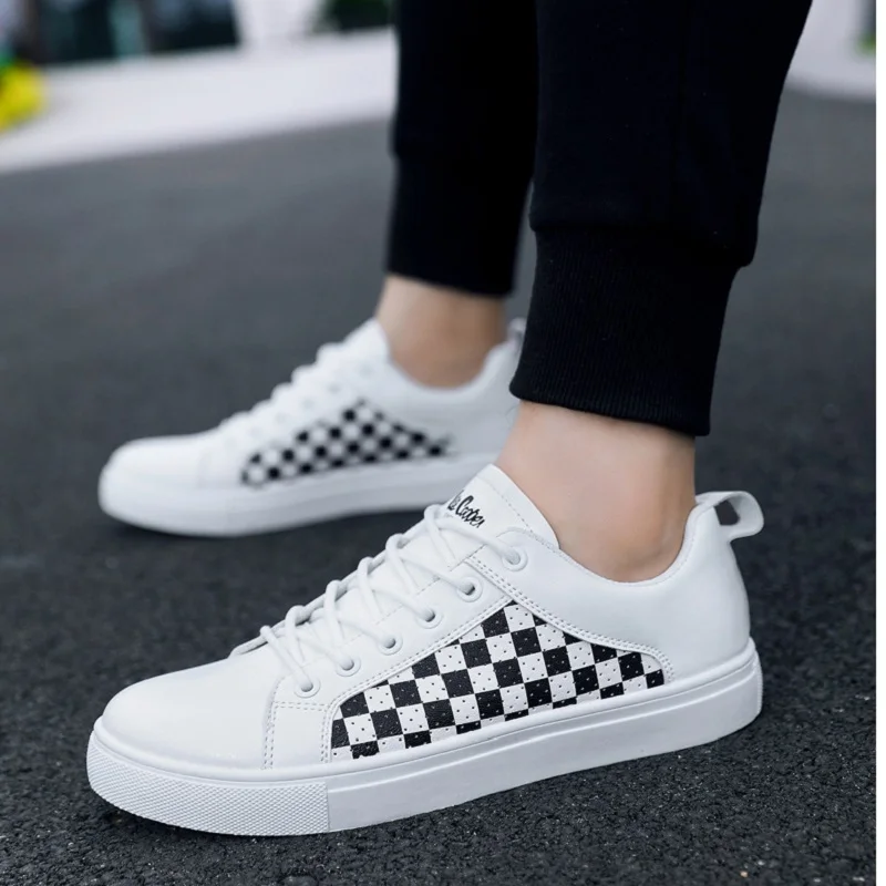 

Plain White Men's Casual Shoes Lace Up Leather Sneakers Big Size 48 Checkered Trainers Vulcanized Man Shoes Tenis Student Shoes