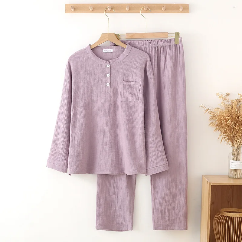 Korean Purple/Pink Women's Sleepwear Crepe Gauze Long-Sleeved Pajamas Home Service Suit Pure Cotton Nightwear Pijamas Set