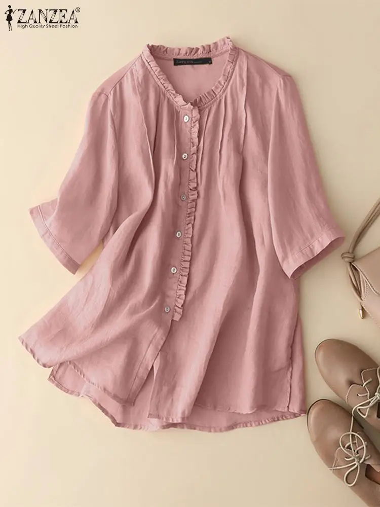 

ZANZEA Women Summer Ruffles Blouse Half Sleeve Shirt Vintage Loose Work Top Casual Button Blusas Femme Tunic Baggy Chemise