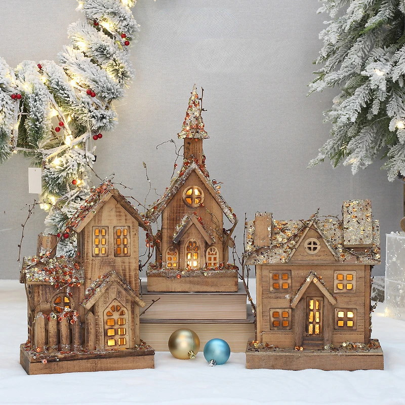 

2023 New Wooden Luminous Cabin Christmas Decoration Liquidations Sequins Small House Home Desktop Shop Window Ornament Navidad