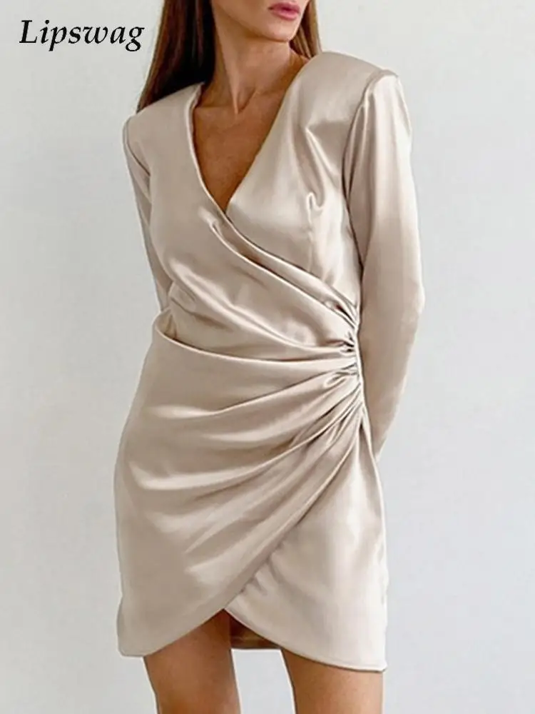 

Женское атласное мини-платье с запахом, элегантное Плиссированное Платье с V-образным вырезом, Повседневное платье Вечерние длинным рукаво...