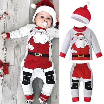 Fall Christmas Costume Set Baby Boys Girls Outfits Set Cute Christmas Santa Clause T-Shirt Tops Xmas Pants With Hat Clothes Set 1