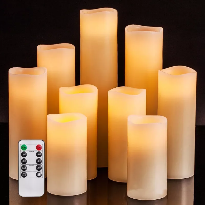 

Набор беспламенных свечей из 9 беспламенных восковых колонн цвета слоновой кости с реалистичным фитилем и 1 пультом дистанционного управле...