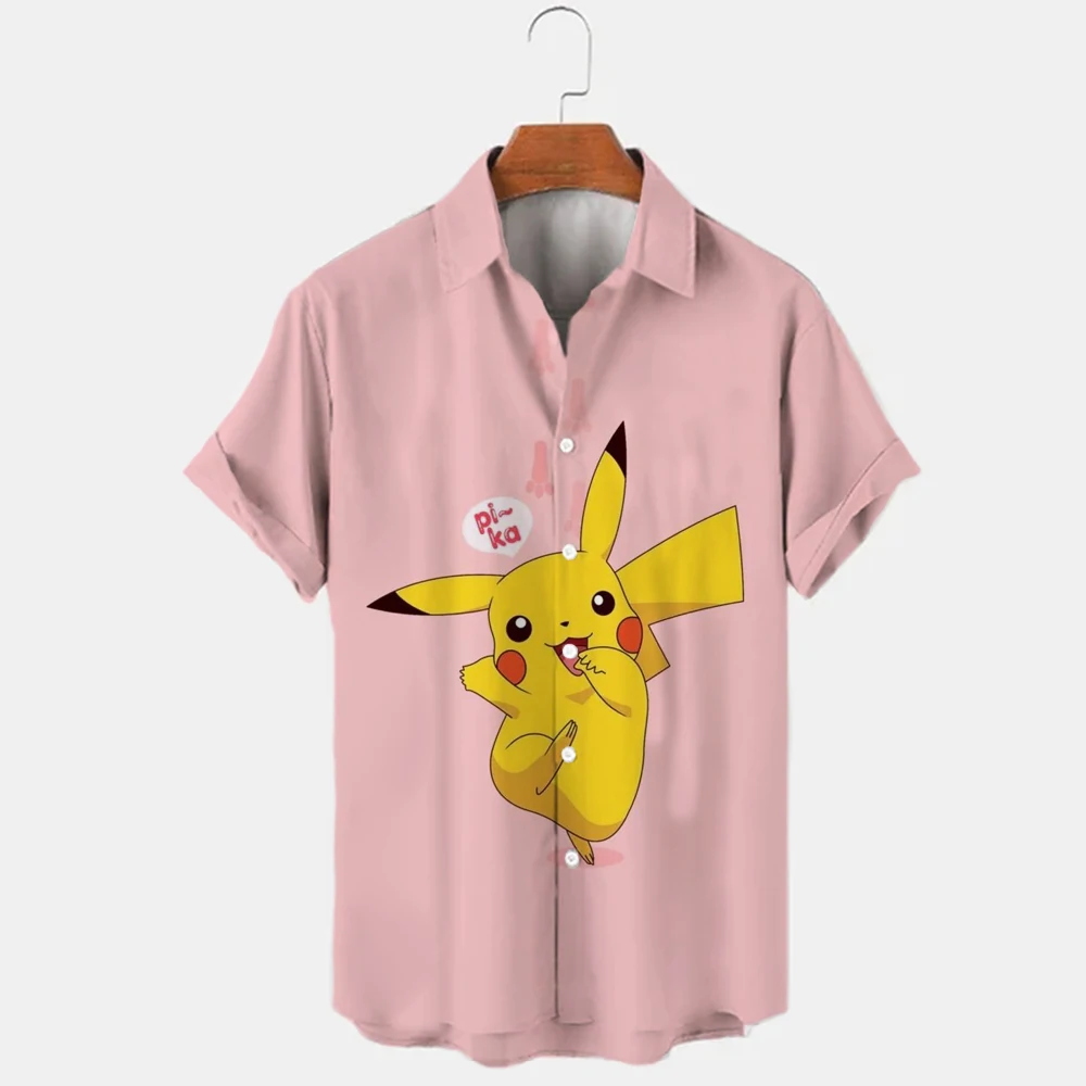 Men's Short Sleeve Shirt Summer Solid Color Lapel Casual Beach Style Oversized Japanese Cartoon Pikachu Shirt T-Shirt images - 6