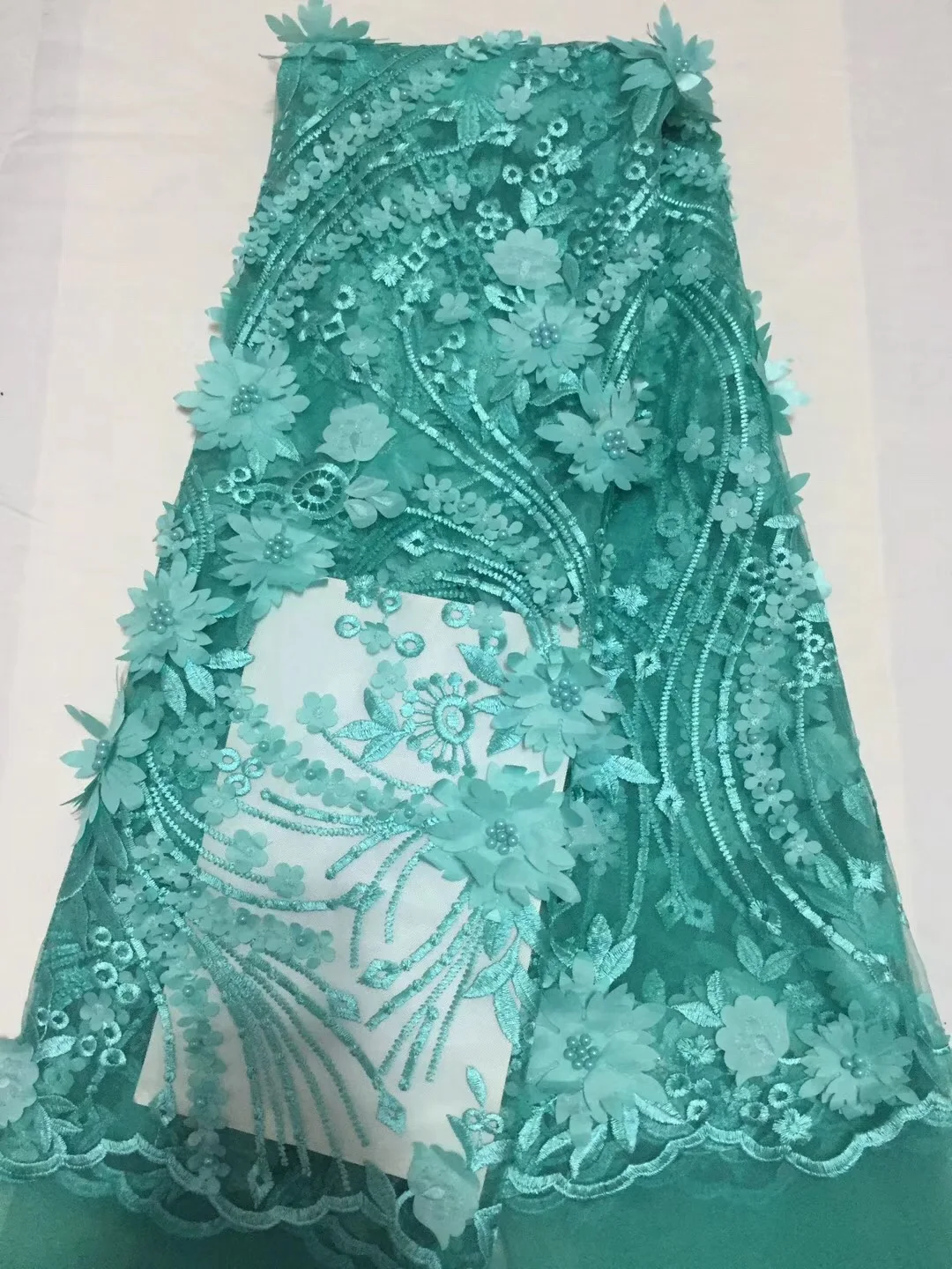 

Зеленая Кружевная Ткань 5 ярдов в лоте, французская Тюлевая кружевная ткань с бусинами, очень красивая африканская кружевная ткань