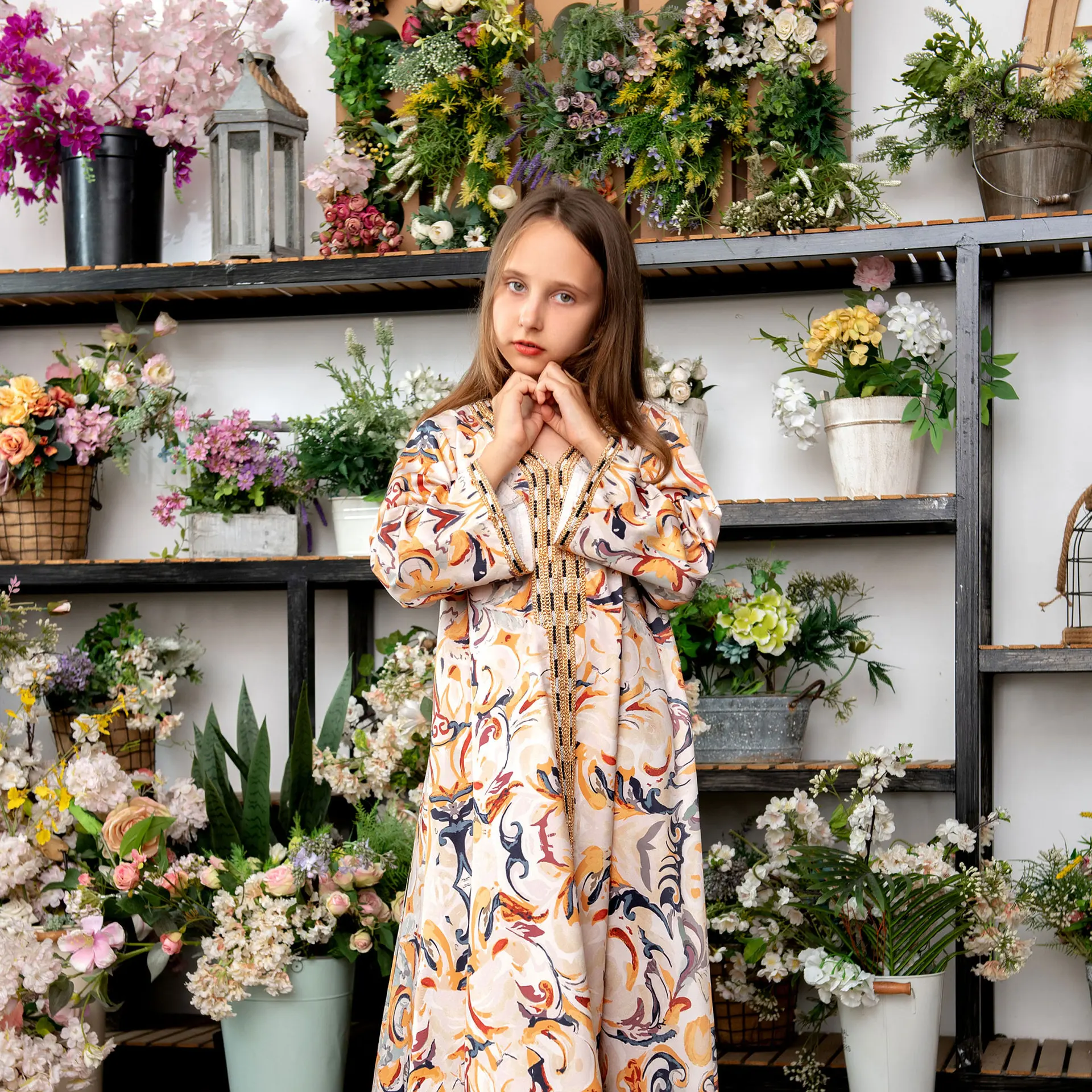 Women Spring Summer Muslim Parent-child Dress Printed Skirt Turkish Indian Abaya Arab Islamic Women Moroccan Kraftan Gown