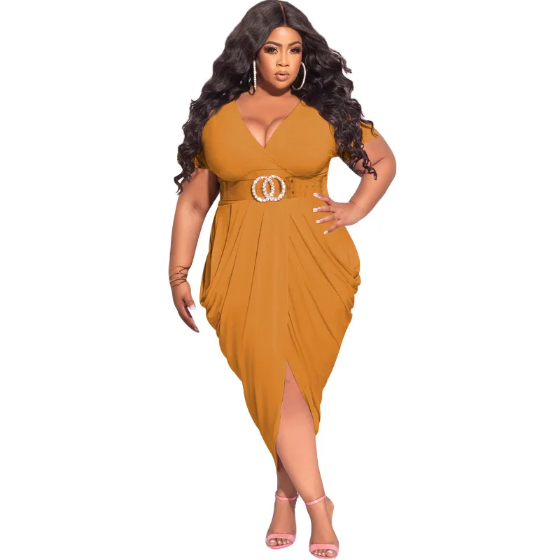 Plus Size Women's Dress Autumn/Winter 2022 New Solid Color Deep V Sexy Slit Long Belt Style Commuter Party Dresses Fashion