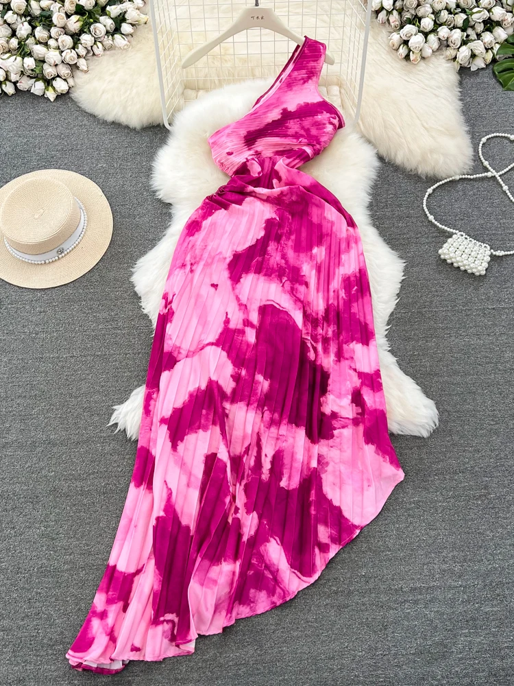 

Summer Women Tie Dye Print Irregular Dress Sexy Skew Collar One Shoulder Draped Party Vestidos Female Sleeveless Beach Robe New