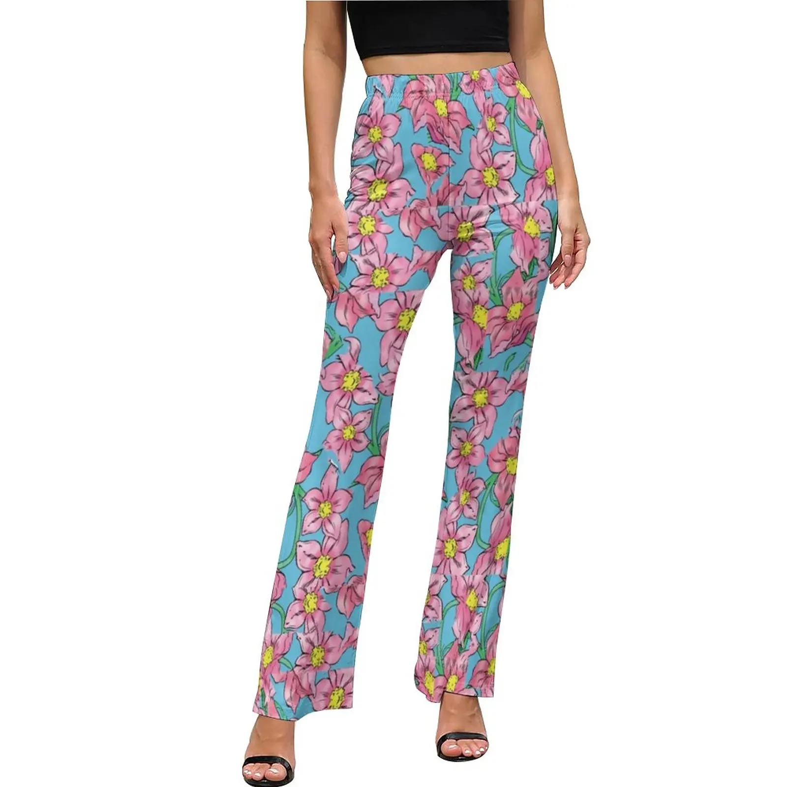 

Jojo Floral Pattern Pants Elastic Waist Pink Flower Print Streetwear Flare Pants Summer Casual Printed Big Size Trousers