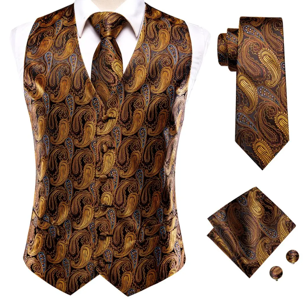 

Hi-Tie Brown Black Paisley Silk Mens Slim Waistcoat Necktie Set For Suit Dress Wedding 4PCS Vest Necktie Hanky Cufflink Set