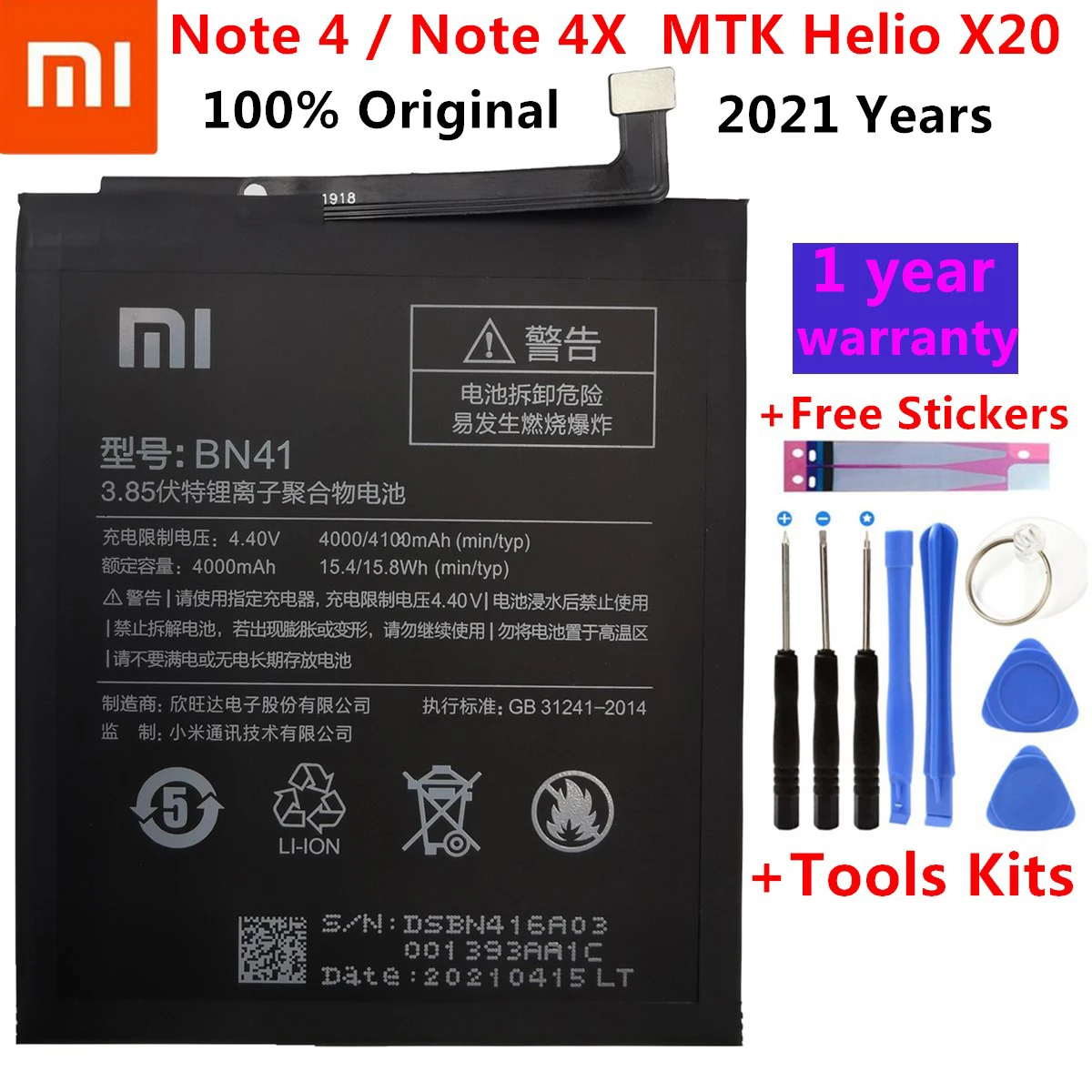 

2021New 100% For Xiao Mi BN41 Battery For Xiaomi Redmi Note 4 Hongmi Note4 4000mAh Original Mobile Phone Batteries+Free Tools