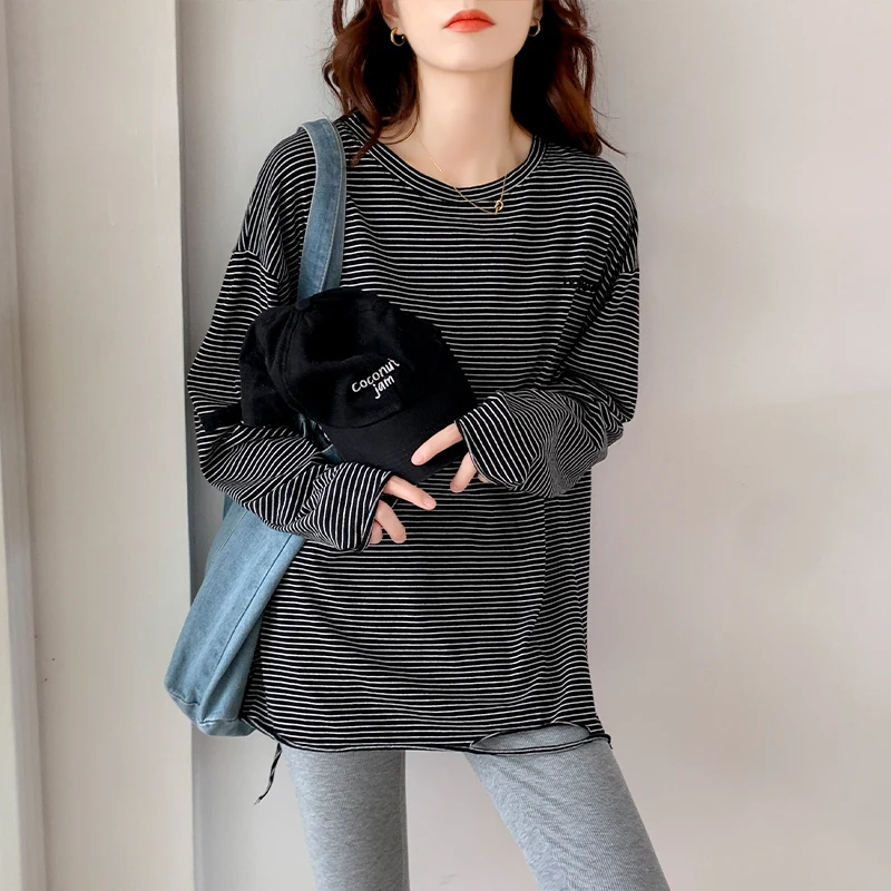 

Новинка весна-осень 2022 полосатая рубашка средней длины Женская Корейская версия рваная футболка с длинным рукавом Топ