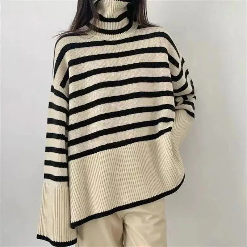 

Oversized Striped Slits Women's Turtleneck Sweater Loose Casual Pullover Women Autumn Winter Female Fashion Warm Knit Bottom