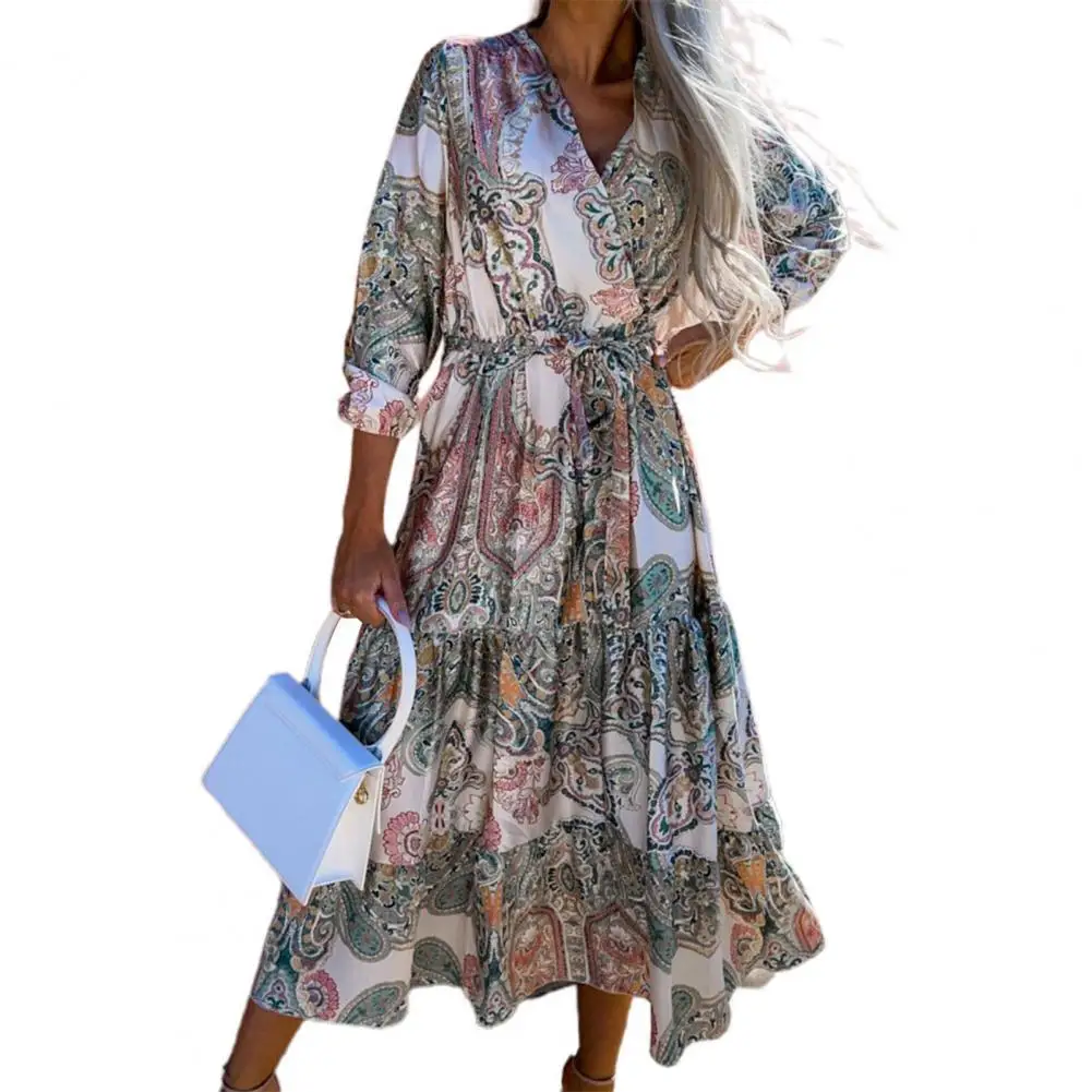 

Boho Dress Women Summer 2022 Retro V-Neck 3/4 Sleeve Waist Lace-up Floral Print Ruffle Hem Party Dress Female Clothes vestidos