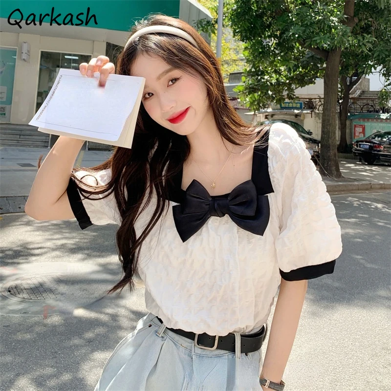 

Blouses Women Square Collar Bow Loose Summer Top Fashion Popular All-match Lovely Students Chic Streetwear Simple Korean Style