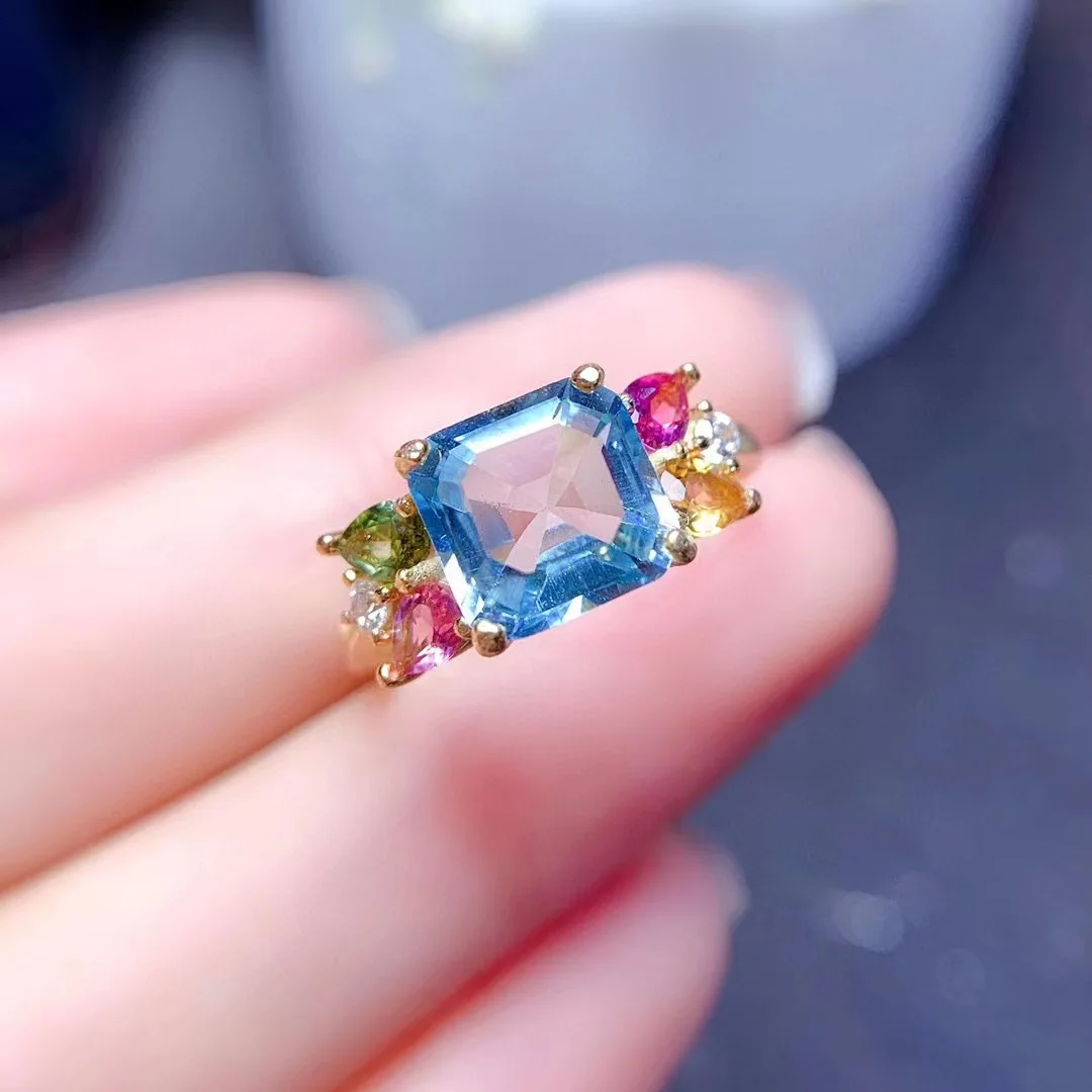 Foydjew New Luxury Emerald Cutting Santa Maria Artificial Aquamarine Sea Blue Topaz Rings For Women Silver Color Wedding Jewelry