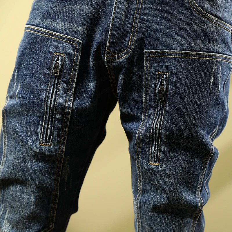 Street Fashion Men Jeans Vintage Blue Zipper Designer Elastic Stretch Skinny Ripped Jeans Men Spliced Hip Hop Biker Pants Hombre