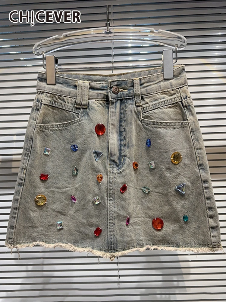 

CHICEVER Patchwork Diamonds Skirts For Women Spliced Button Colorblock A Line Mini Bodycon Raw Hem Slim Skirts Female Summer New